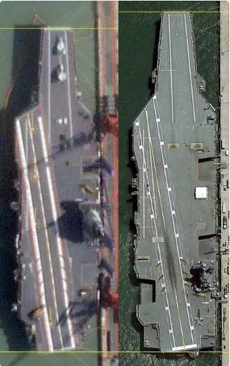  福建號與美國福特號航母的外觀對比，兩艦大小相差無幾。 圖：翻攝自 河東三叔 