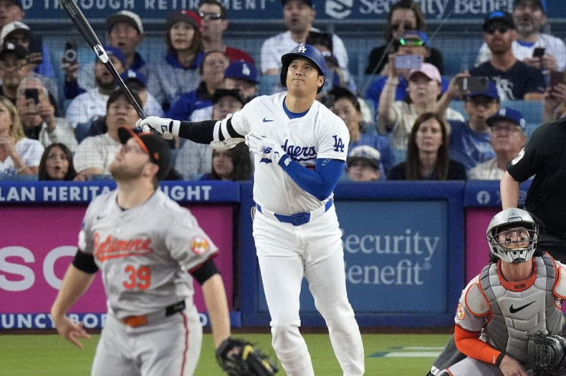 大谷翔平週三（28日）作客巴爾的摩，敲出本季第42轟，而且還是首局首打席全壘打，持續向大聯盟百年歷史上的「50-50」紀錄邁進。   達志影像／美聯社