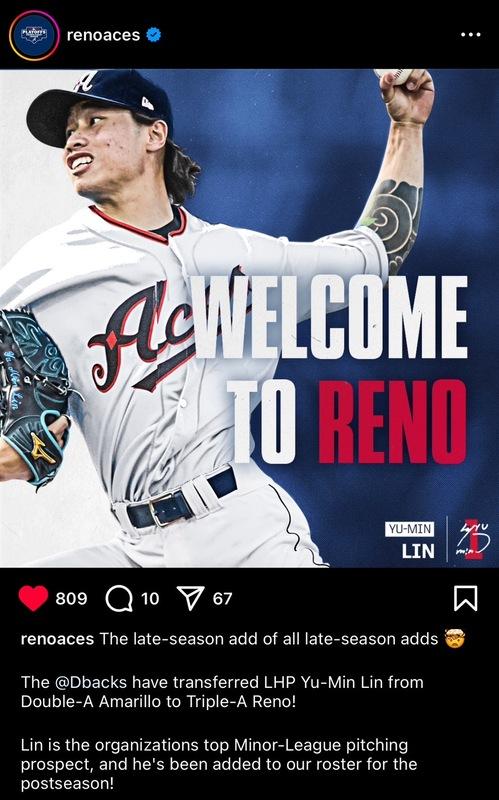 ▲林昱珉獲升至3A球隊Reno Aces，其官方社群也發布「林昱珉是響尾蛇體系中頂級的小聯盟新秀投手，現在他加入我們的季後賽名單！」   圖：節自RenoAces 官方IG