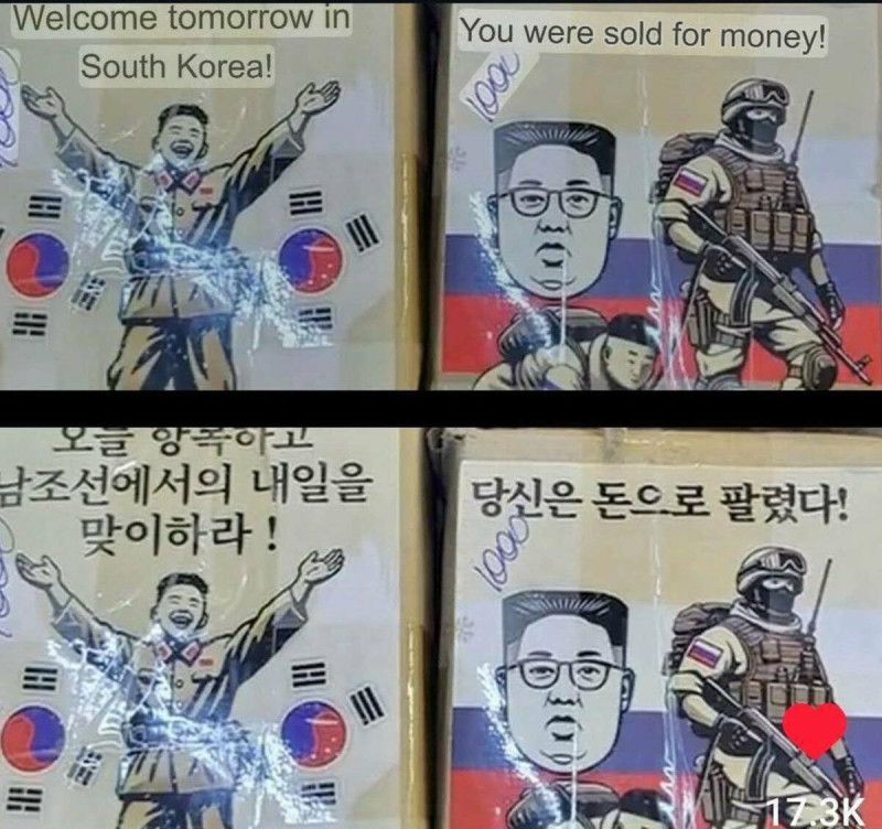 烏克蘭武裝部隊投下宣傳傳單，呼籲朝鮮士兵在庫爾斯克地區投降。   圖：截自「x」@Gakruks1