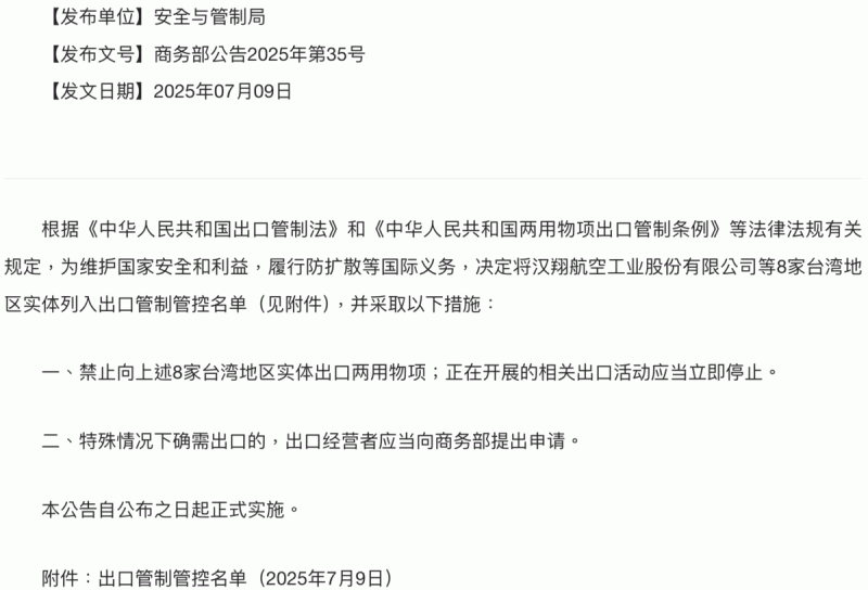據中國商務部公告,8家台灣企業實體被列入出口管制管控名單。 圖:截自中國商務部
