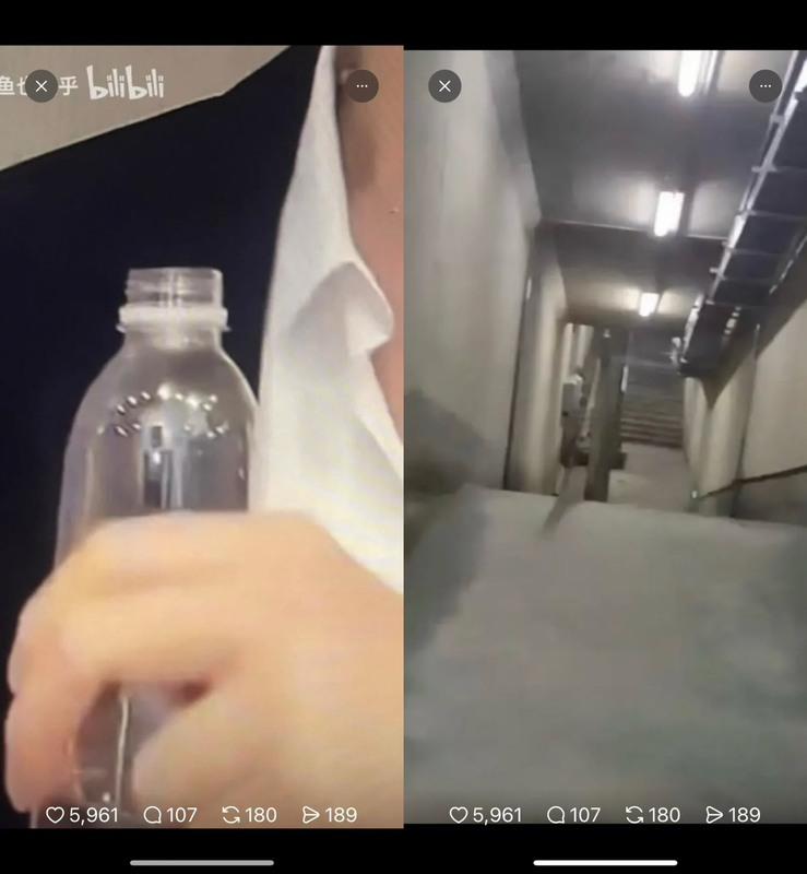 于朦朧生前直播畫面,寶特瓶反射場景與「死亡通道」相似。 圖:翻攝自Threads帳號 @clovia.food 于朦朧生前直播畫面,寶特瓶反射場景與「死亡通道」相似。 圖:翻攝自Threads帳號 @clovia.food