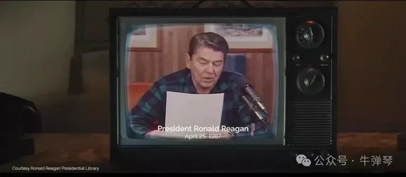 廣告剪輯自雷根 1987 年一次廣播講話,其中雷根警告高關稅可能會影響市場平衡。 圖:翻攝自騰訊網  廣告剪輯自雷根 1987 年一次廣播講話,其中雷根警告高關稅可能會影響市場平衡。 圖:翻攝自騰訊網