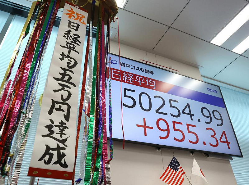 東京股市週一(27日)開盤後狂漲逾 800點,日經指數史上首次突破 50,000點大關。   圖:達志影像/美聯社