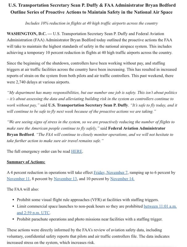 美國機場大亂，40 座高流量機場減班 10%。   圖：翻攝自@SecDuffy