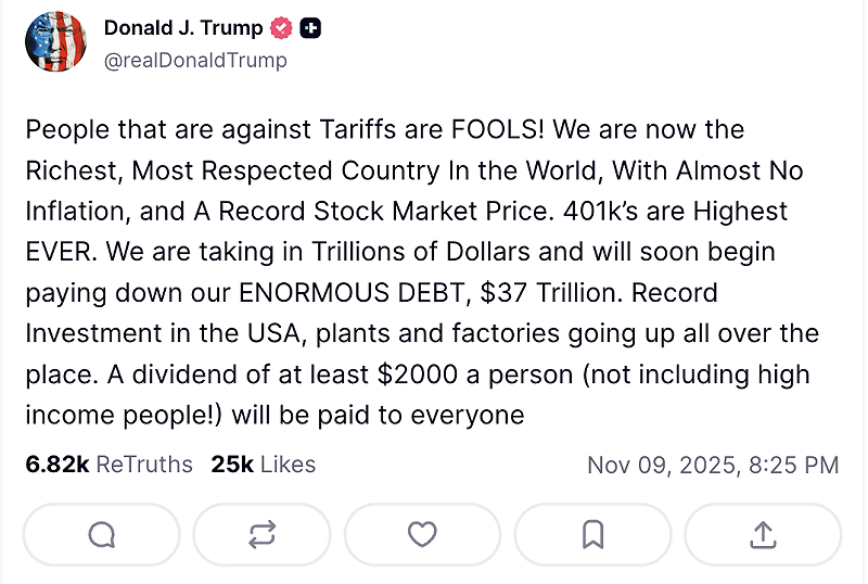 川普提到，美國目前因關稅收入暴增，「我們正進帳數兆美元，將很快開始償還龐大的 37兆美元國債。工廠與投資遍地開花，每人將可領取至少 2,000美元的紅利（不含高收入者）。」   圖：川普的 Truth Social