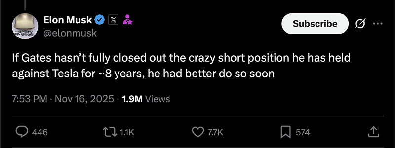 Tesla執行長馬斯克向比爾.蓋茲示警「盡快拋售特斯拉空頭部位」。 圖:Elon Musk 的X Tesla執行長馬斯克向比爾.蓋茲示警「盡快拋售特斯拉空頭部位」。 圖:Elon Musk 的X