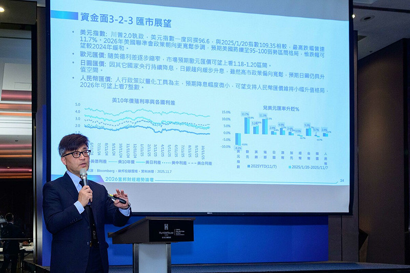 陳奕光指出，明年在台灣超額儲蓄將突破 5 兆元創新高、貨幣型基金可望成為股市潛在動能、ETF 新血加入，以及當沖融資更趨熱絡之下，加上 2026 年台股獲利年增率上看兩成，電子、金融、傳產原物料等均有表現空間。&nbsp;&nbsp;&nbsp;圖：富邦金控／提供
