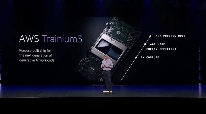  AWS 介紹 Trainium 3 晶片規格的舞台簡報畫面。 圖：翻攝自騰訊科技 
