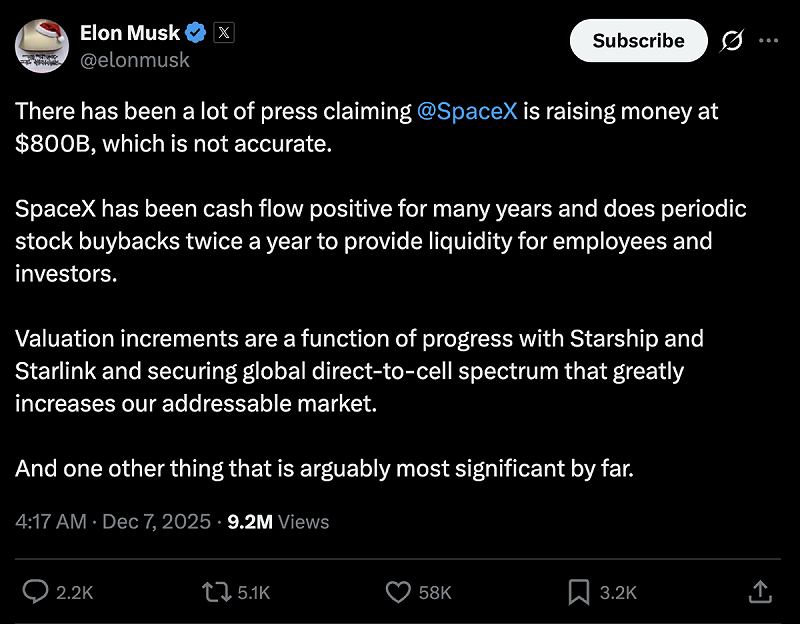 馬斯克日前在 X 上發文,「多年來,SpaceX 一直保持正現金流,並每年進行兩次定期股票回購,為員工和投資者提供流動性。」 圖:擷取自馬斯克的 X 馬斯克日前在 X 上發文,「多年來,SpaceX 一直保持正現金流,並每年進行兩次定期股票回購,為員工和投資者提供流動性。」 圖:擷取自馬斯克的 X