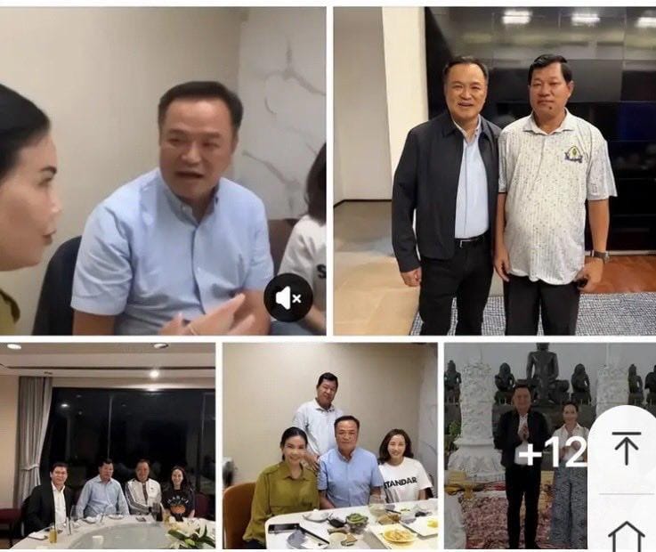  泰國內政部長阿努廷在過去訪問柬埔寨時，與當地官員把酒言歡的場景。 圖：翻攝自 X 帳號 @BANFBM 