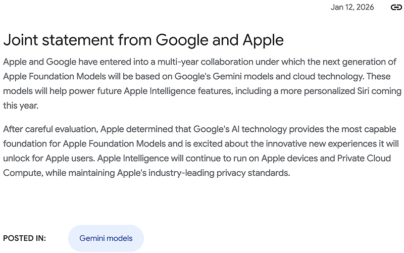 谷歌發出公告證實將和蘋果合作,未來 iPhone 的 AI Siri 和強化版 Apple Intelligence 將採用 Gemini 模型。 圖:google 官網 谷歌發出公告證實將和蘋果合作,未來 iPhone 的 AI Siri 和強化版 Apple Intelligence 將採用 Gemini 模型。 圖:google 官網