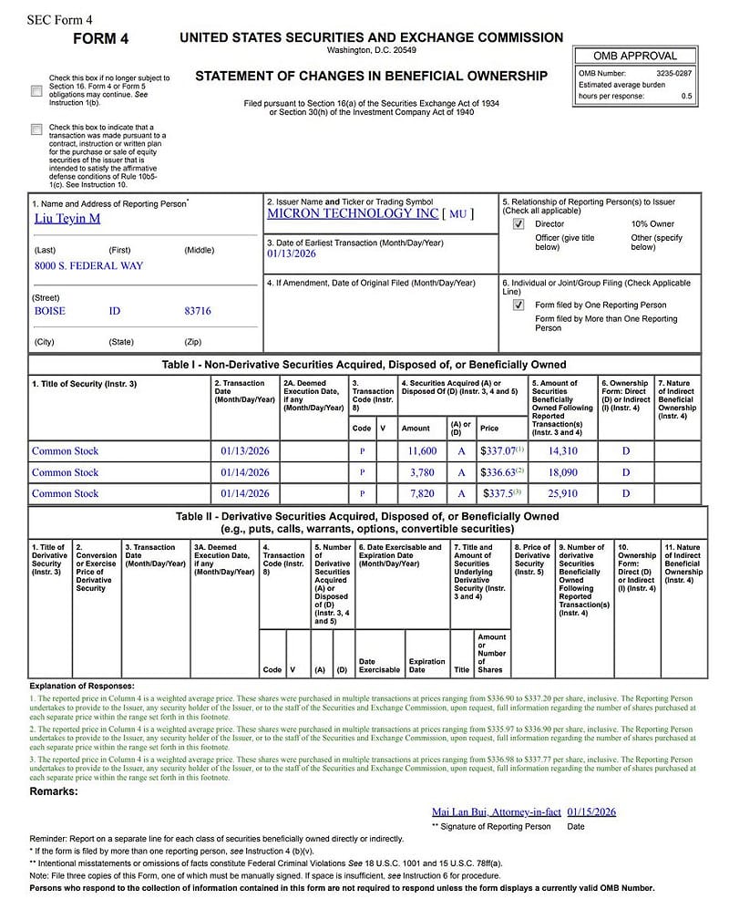 前台積電董事長劉德音退好後擔任美光（Mircon）董事，近期也大幅加碼買進自家股票，金額達 782 萬美元（約新台幣 2.46 億元），以示自己也看好記憶體產業的前景。&nbsp;&nbsp;&nbsp;圖：截自美國SEC
