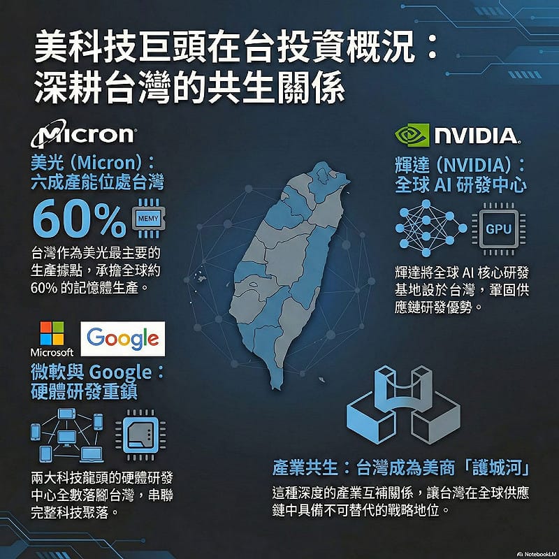 美科技巨頭在台投資概況。 圖:翻攝自臉書 @謝金河 美科技巨頭在台投資概況。 圖:翻攝自臉書 @謝金河