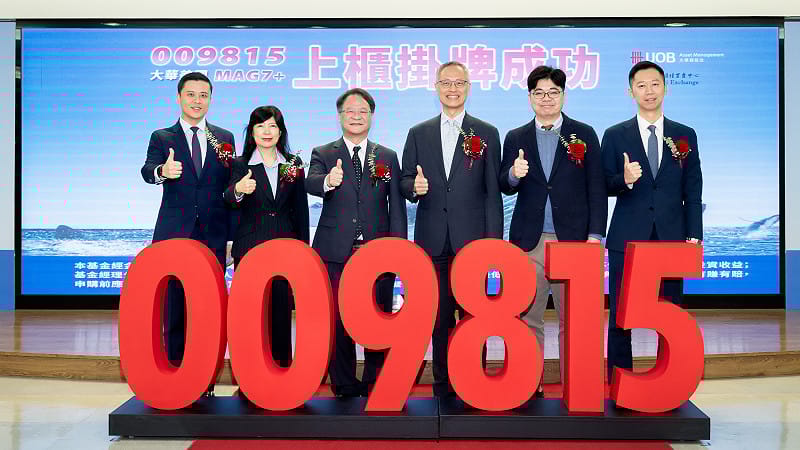 慶祝009815成功掛牌，大華銀投信，與櫃買中心、元大銀行以及彭博指數合作夥伴同慶。由右至左：大華銀投信指數量化投資部主管 郭修誠、大華銀投信執行副總經理 張耿豪、大華銀投信總經理 王政修、櫃買中心副總經理 涂月憲、元大銀行副董事長 周筱玲、彭博指數亞太產品主管 莊戟&nbsp;&nbsp;&nbsp;圖：大華銀投信／提供