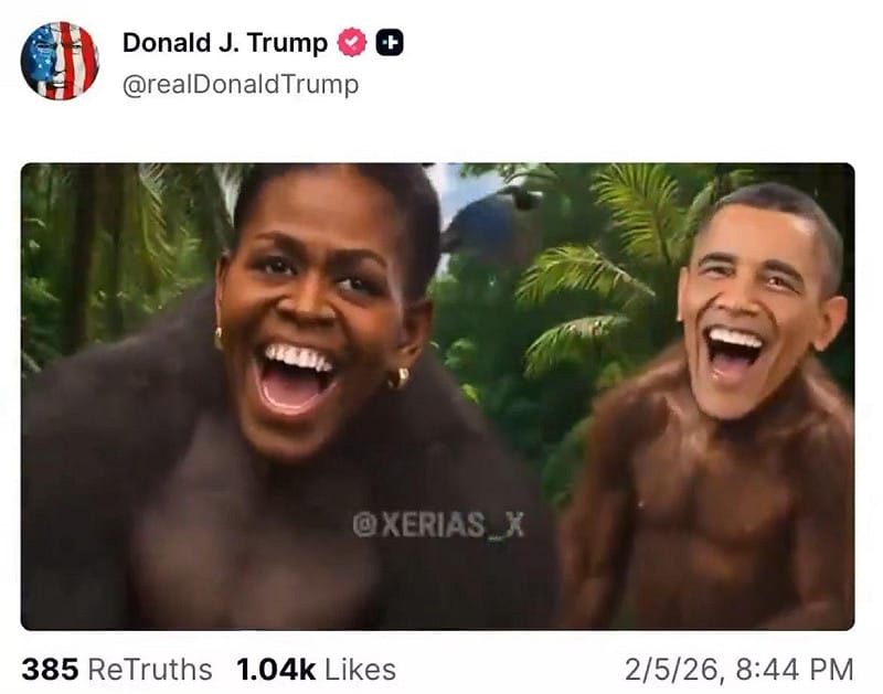  該段影片不僅包含影射歐巴馬夫婦為猿猴的種族歧視畫面，更將川普本人描繪為「叢林之王」的獅子。 圖：翻攝自 X 帳號 @NEXTA 