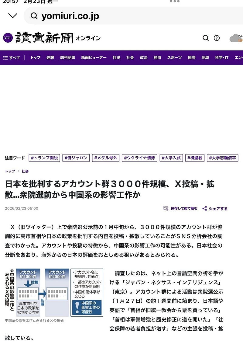 讀賣新聞報導中國系網軍在脆搞了三千個帳號批判日本及高市想影響選舉。圖：攝自日經官網