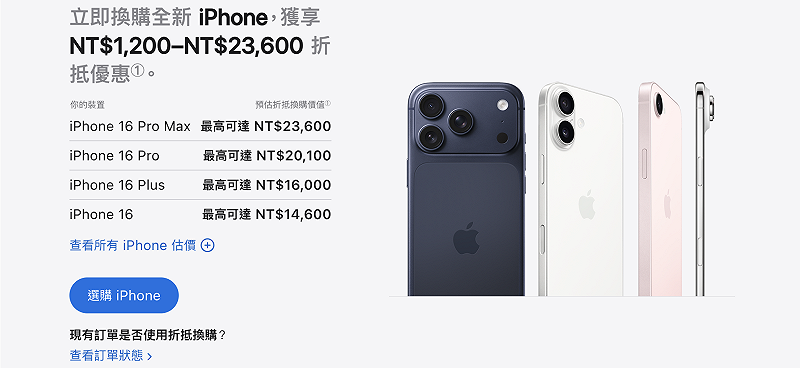 蘋果此次「Trade In」方案，比較新的 iPhone 16 系列的換購價均有所調升。&nbsp;&nbsp;&nbsp;圖：蘋果官網