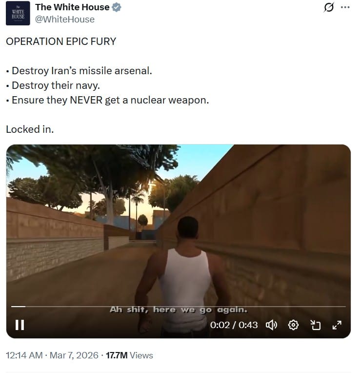 白宮發布的影片引用經典遊戲《俠盜獵車手:聖安地列斯》主角 CJ 的經典台詞「啊,該死的,又來了」。 圖:翻攝自 X 帳號 @The White House 白宮發布的影片引用經典遊戲《俠盜獵車手:聖安地列斯》主角 CJ 的經典台詞「啊,該死的,又來了」。 圖:翻攝自 X 帳號 @The White House