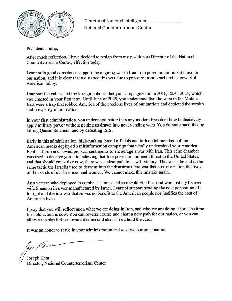  美國國家反恐中心主任喬．肯特（Joe Kent）的辭職信。 圖：翻攝自 joekent16jan19