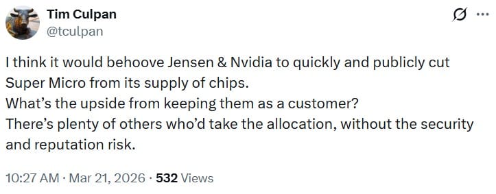  高燦鳴在社群平台 X 上發文呼籲黃仁勳立即公開停止向美超微供應晶片。 圖：翻攝自 X 帳號 @Tim Culpan 
