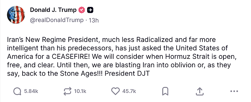  川普在社群上發文提到停戰條件：「我們會在荷姆茲海峽暢通無阻時考慮停火」；「在此之前，我們會把伊朗炸得粉身碎骨，或用他們的話來說，讓他們回到石器時代！ ！ ！」 圖：川普的 TruthSocial