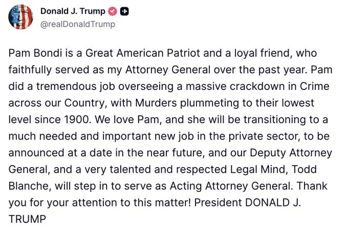  川普在真實射群上發言，依然肯定邦迪的工作。 圖：翻攝自真實社群 