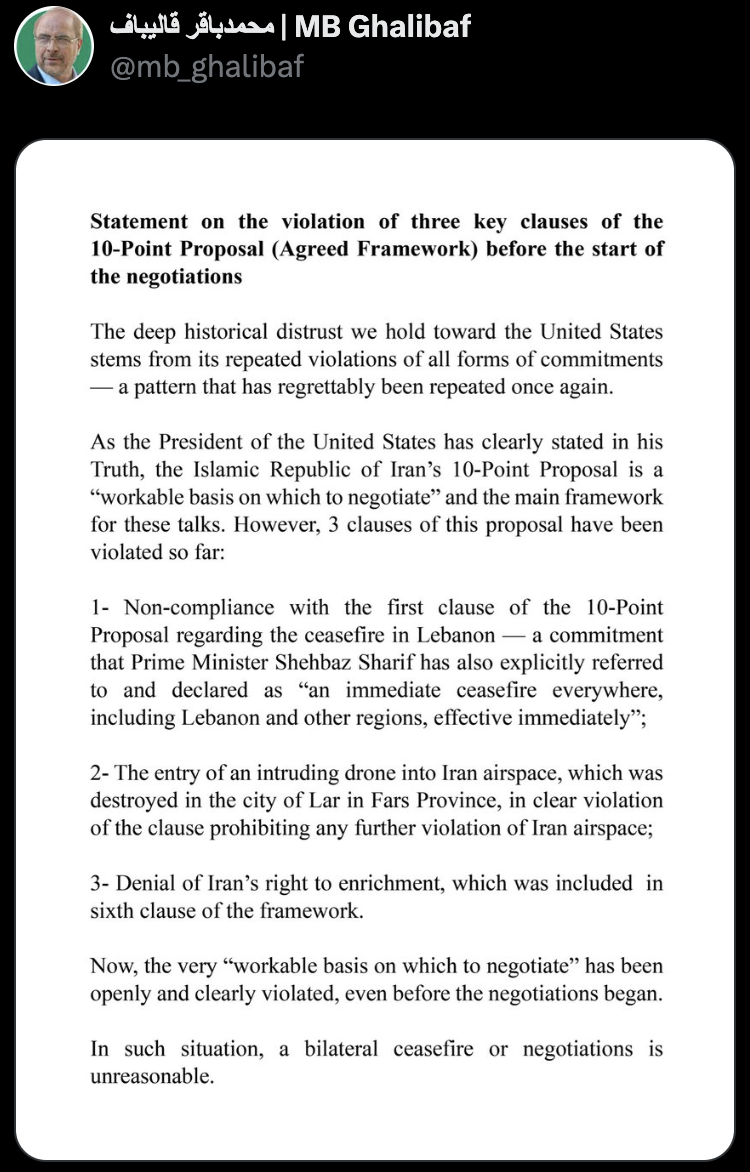  伊朗國會議長加利巴夫在Ｘ中指控美國違反 10 項提案中的 3 項，「在這情況下，雙邊停火或談判是不合理的。」 圖：Mohammad Bagher Ghalibaf's X