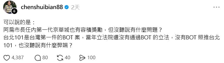  前總統陳水扁親自留言回應。 圖：翻攝自 Threads 帳號 @chenshuibian88 