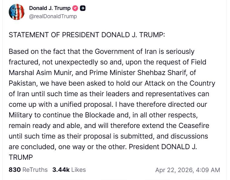 圖：截自川普的《Truth Social》 