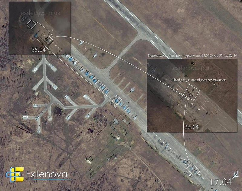  遇襲地點為沙戈爾機場，除蘇-34 與兩架蘇-57 外，另有其他蘇系戰機受損。 圖：翻攝自 X 帳號 @new27brigade 