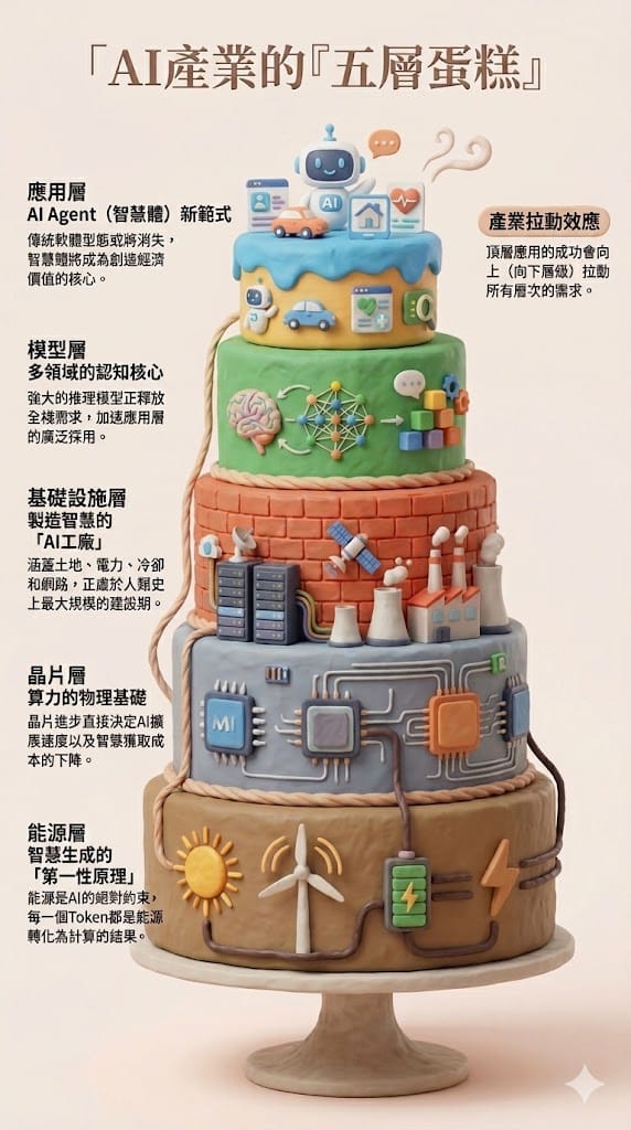 在今年的博覽會上，特別打造了廣達 275 平方公尺的超大型攤位，並首度完整展出了其著名的「 AI 五層蛋糕」架構。 圖：新頭殼AI重製 
