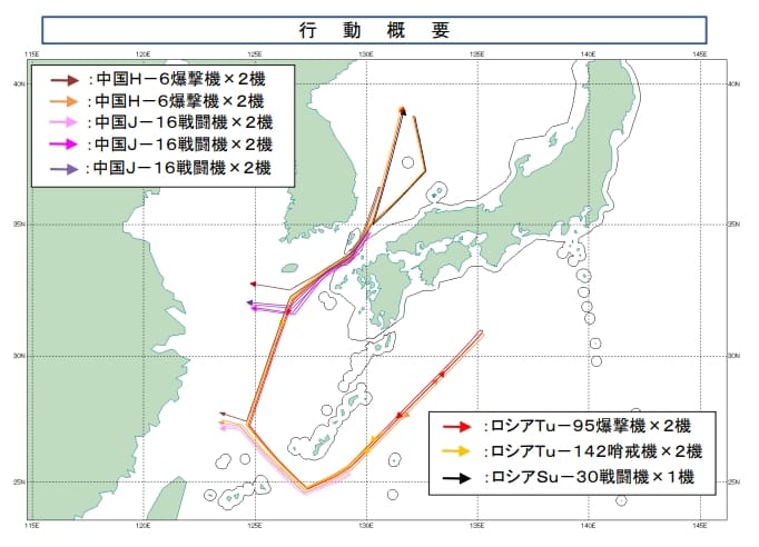  針對中俄軍機一系列飛行活動，日本航空自衛隊派遣戰機緊急升空執行警戒監控任務。 圖：翻攝自 X 帳號 @jointstaffpa 