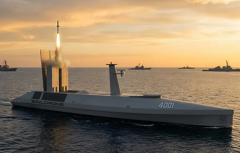 新興無人載具科技，如 Saildrone首度將飛彈發射器整合至無人水面載具上進行實彈演示。 圖：翻攝自 X @CUAS_NEWS 