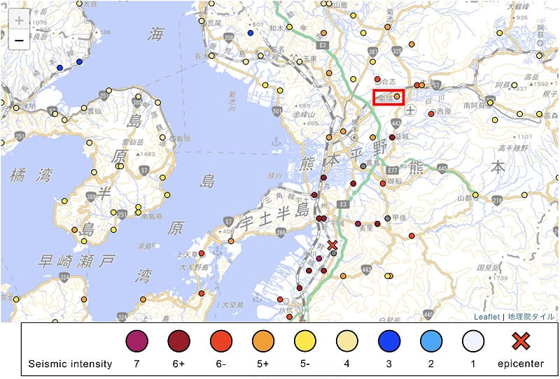 此次熊本縣宇喜市、冰川町發生 7 級強震，而台積電熊本廠的菊葉町則是震度 5 級左右。 圖：截自日本氣象廳 