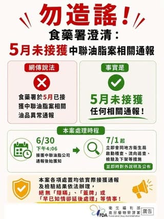 網路謠傳食藥署早在五月份收到通報，事實為五月份未獲相關通報。&nbsp;&nbsp;&nbsp;圖：翻攝自林靜儀臉書