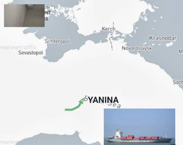  一艘懸掛俄羅斯旗幟、隸屬於 Rosatom 子公司 FESCO 的貨櫃船「YANINA」，在黑海南部航行前往刻赤地區時，遭兩架烏克蘭海軍無人機擊中。 圖：翻攝自 X @visionergeo 