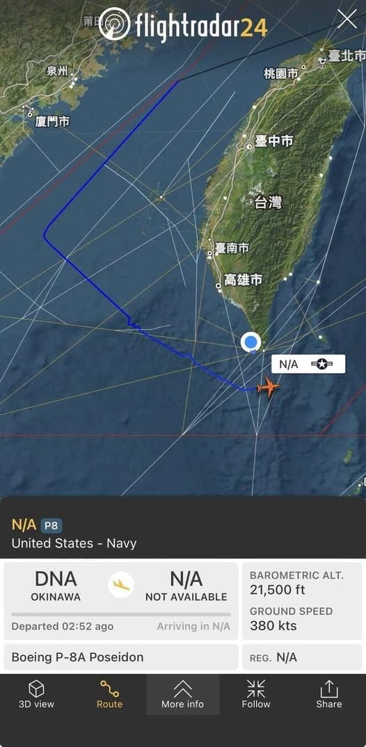  這架美軍 P-8A 自沖繩起飛後，以約 2 萬 1500 英尺高度、約 380 節航速巡航，縱貫台灣海峽。 圖：翻攝自 X 帳號 @Military_idv_tw 