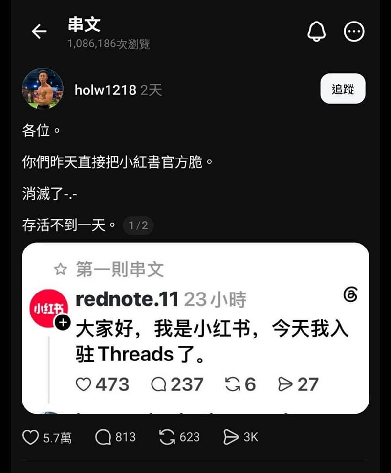  更是有網友表示台灣人直接把小紅書消滅了，其存在甚至不到一天。 圖：翻攝自 X @holw1218 