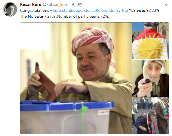 伊拉克北部庫德自治區25日舉行獨立公投，官方公布有高達92.73%贊成建國，圖左為自治區總統巴薩尼投票。   圖：翻攝Kosar Kurd‏推特