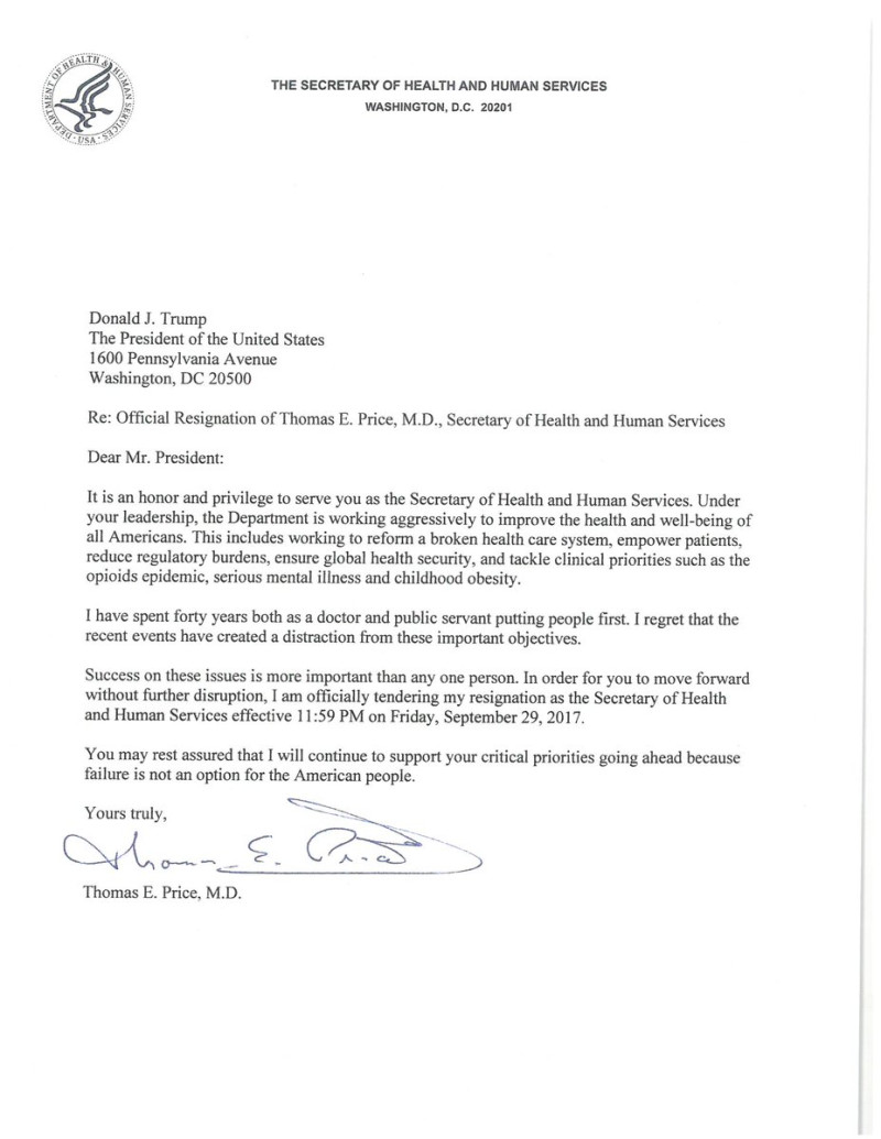 美國衛生部長普萊斯公開辭職信，稱自己很後悔，為不影響川普推行政策，選擇離職。   圖：翻攝普萊斯推特