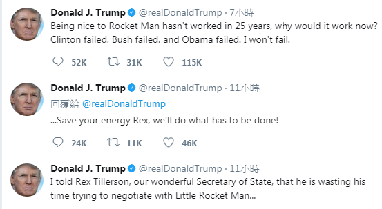 美國總統川普在推特連發3文，稱美國與朝鮮談了25年，都沒有成功。   圖：翻攝川普推特