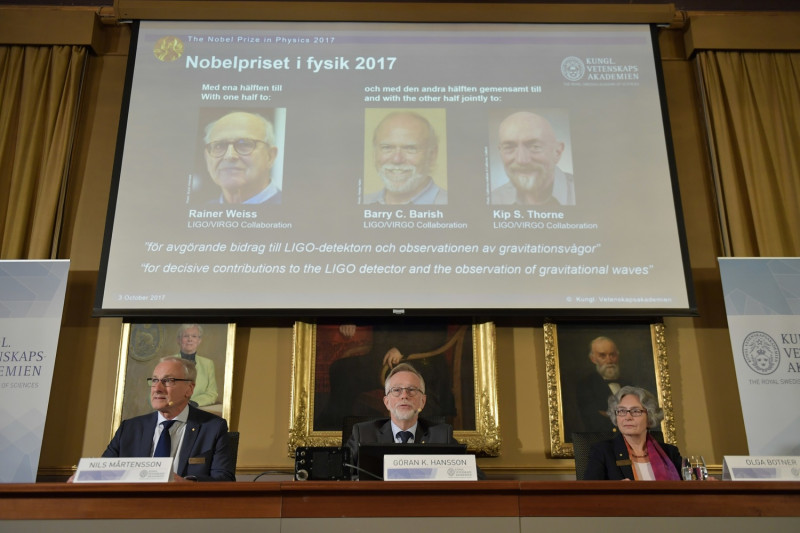 2017年諾貝爾物理獎揭曉，由發現重力波的「雷射干涉儀重力波觀測站」（LIGO）物理學家Rainer Weiss、Kip Thorne和Barry Barish獲得。   圖 : 達志影像/美聯社