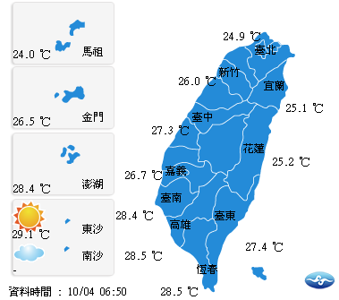 氣溫方面，北部25-33度，中部26-34度，東部25-33度，南部26-34度，外島金馬澎湖25-33度。   圖：翻攝自中央氣象局網站