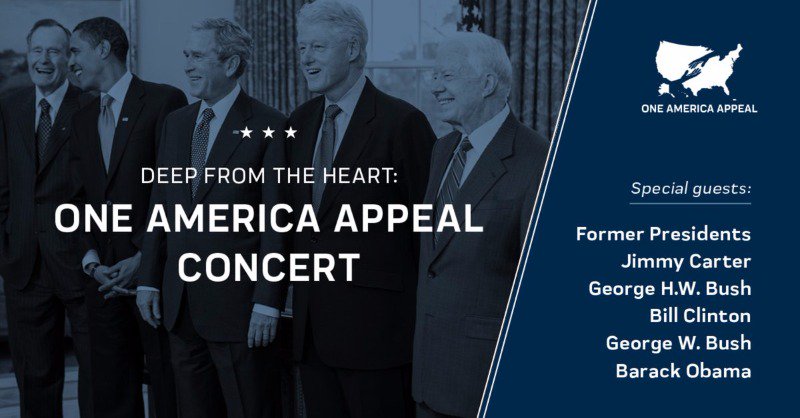 包括卡特（右起）、柯林頓、小布希、歐巴馬與老布希等5位美國前總統，將獻聲為颶風災民募款。   圖：翻攝Texas A&M Foundation‏推特