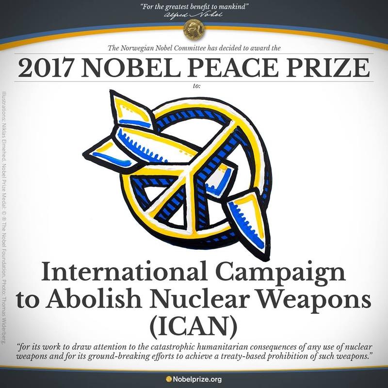 2017年諾貝爾和平獎6日揭曉，由國際廢除核武運動（International Campaign to Abolish Nuclear Weapons，ICAN）獲殊榮。   圖 : 取自諾貝爾獎臉書網頁www.facebook.com/nobelprize