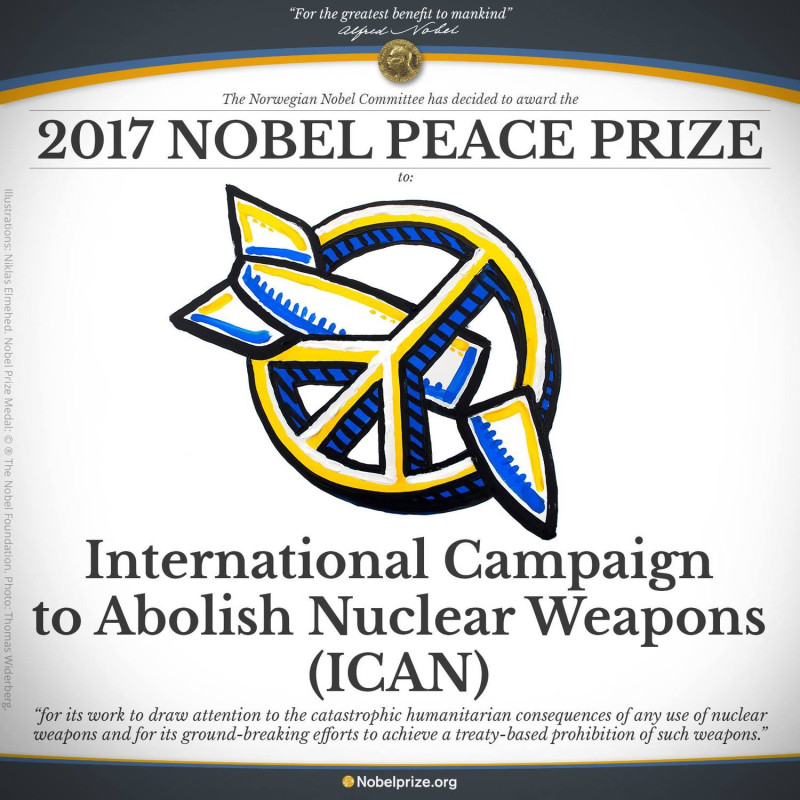 挪威諾貝爾委員會（The Norwegian Nobel Committee）指出，ICAN獲獎原因為肯定該組織使各界關注核武器所造成的災難性的人道主義後果，以及為實現以條約禁止這類武器等各方面的努力。   圖：取自諾貝爾獎臉書