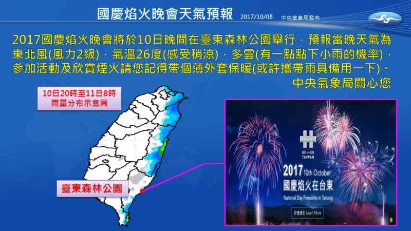 中央氣象局指出，國慶當天（10日）東北風會稍微減弱加上熱低壓遠離，因此台灣的水氣將會減少，降雨機率也會降低，西半部仍會感到悶熱，而東半部仍會有間歇性的短暫雨，要去台東森林公園看煙火的民眾要記得帶傘備用。   圖：中央氣象局