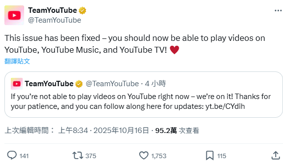YouTube官方也證實上午系統當機，並在上午8時34分表示已恢復正常。   圖：翻攝自YouTube X