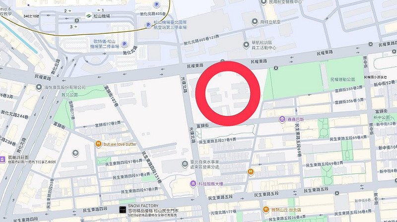 北市松南營區也成為輝達總部備選方案(圓圈為松南營區所在地)。 圖:翻攝自GoogleMap